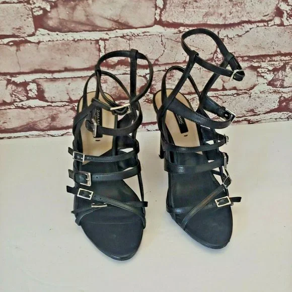 Zara Black Leather Strappy Sandals Stiletto Size 37 - Picture 2 of 6